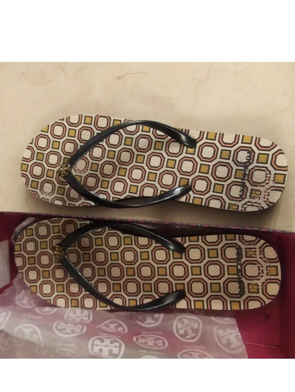 Tory Burch Blue Patent Logo Thong Sandals with Geometric Print Footbed